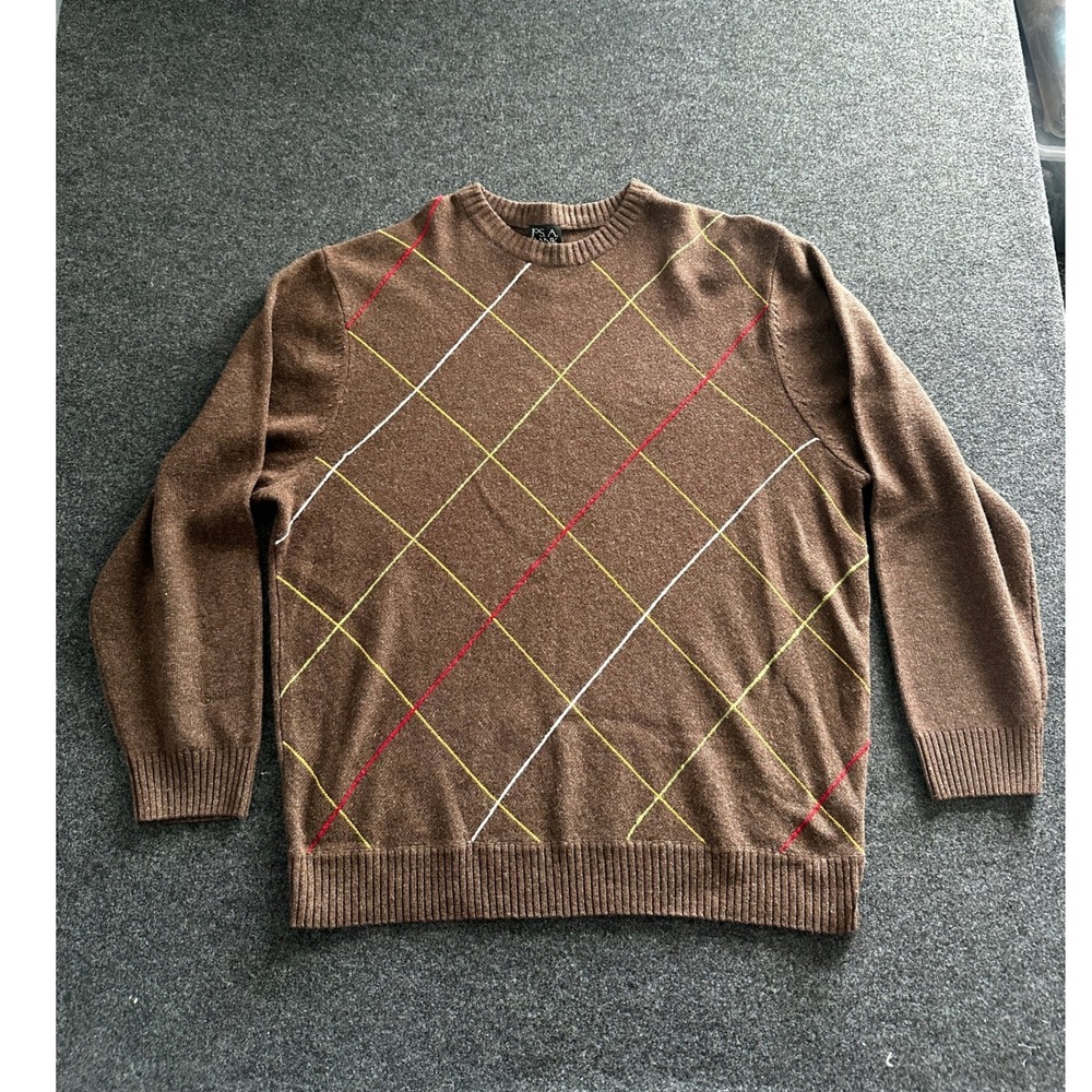 Jos A Bank Mens XXL Brown Lambswool Blend Grid Argyle Crewneck Sweater Brown